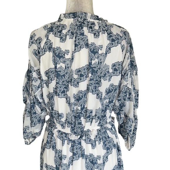 Anthropologie Current Air Isla Blue White Tie Neck Tiered Ruffle Midi Dress - XS - Picture 7 of 16